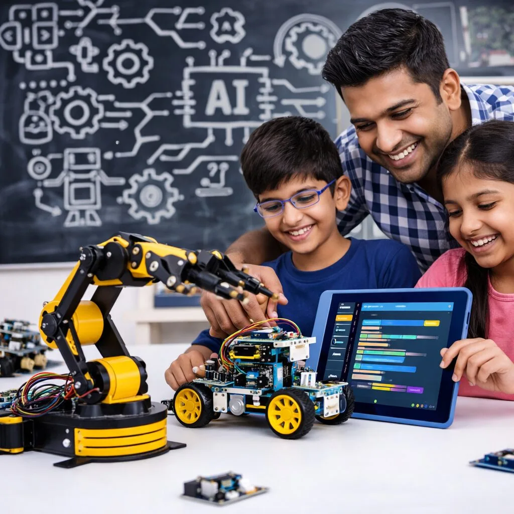 Students learning robotics at Ashtrix Robotics in Chennai with hands-on coding and robot building