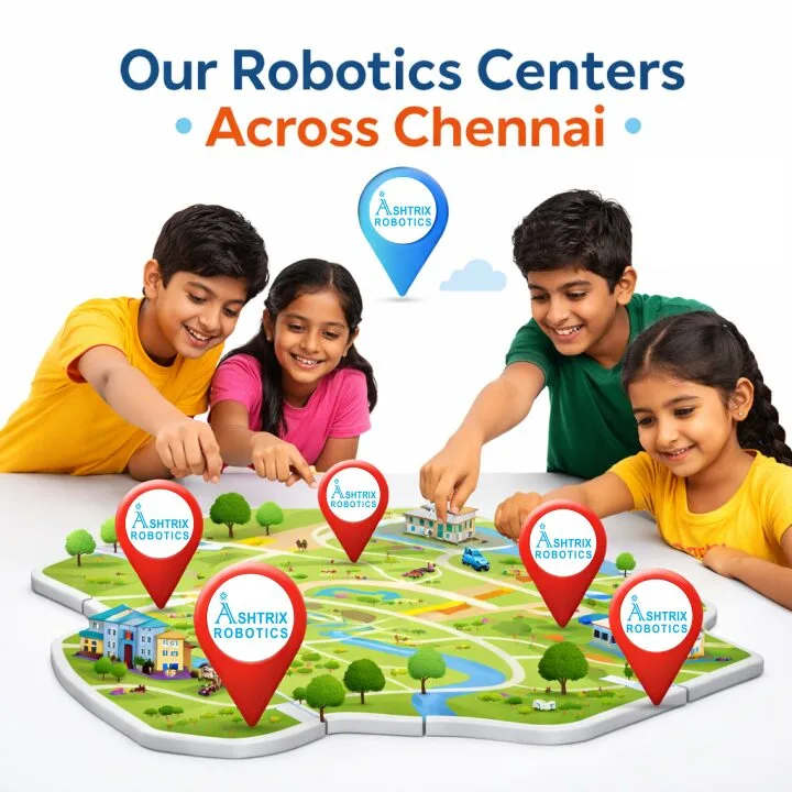 Ashtrix Robotics centers across Chennai showing kids learning robotics with location markers on map